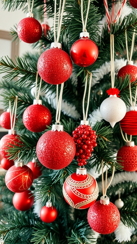 Homemade red Christmas ornaments in various shapes hanging on a Christmas tree.